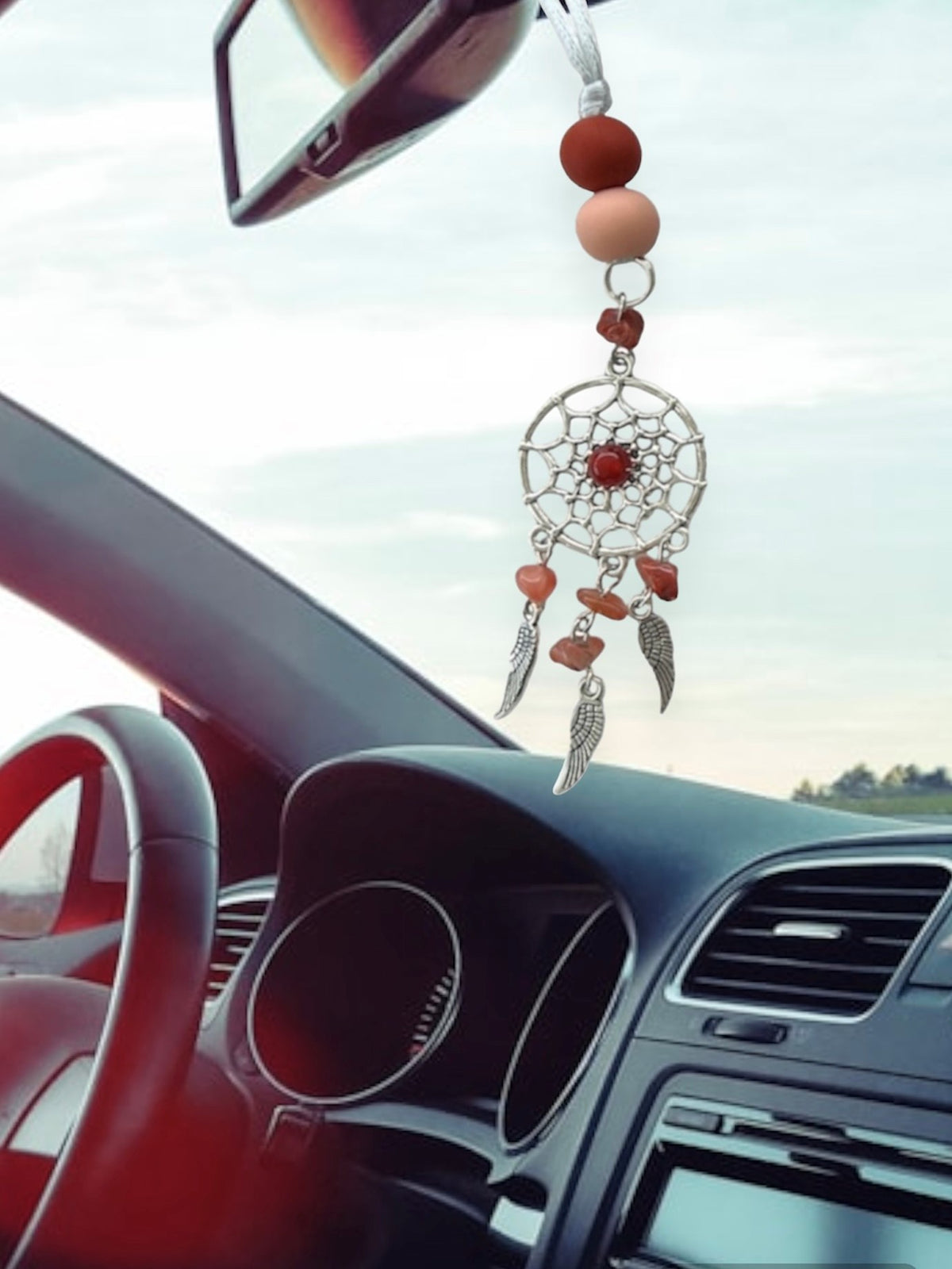 Silicone Bead Dreamcatcher Car Auto Vehicle Rearview Mirror Hanger Amber Copper Baltic Gold Brown Red Orange Stone