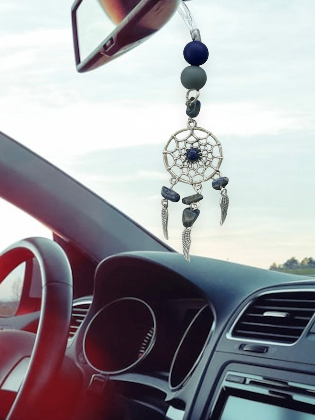 Silicone Bead Dreamcatcher Car Auto Vehicle Rearview Mirror Hanger Blue Lapis Lazuli