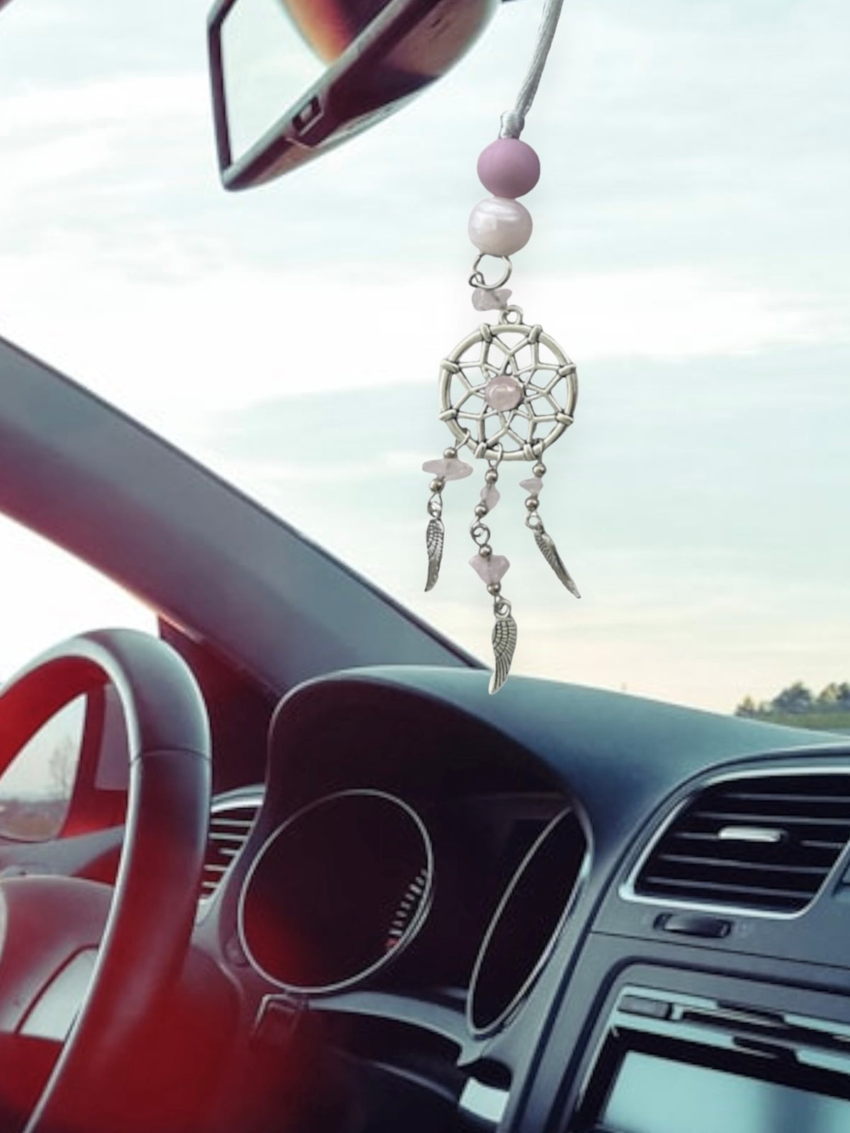 Silicone Bead Dreamcatcher Car Auto Vehicle Rearview Mirror Hanger Pink Rose Quartz