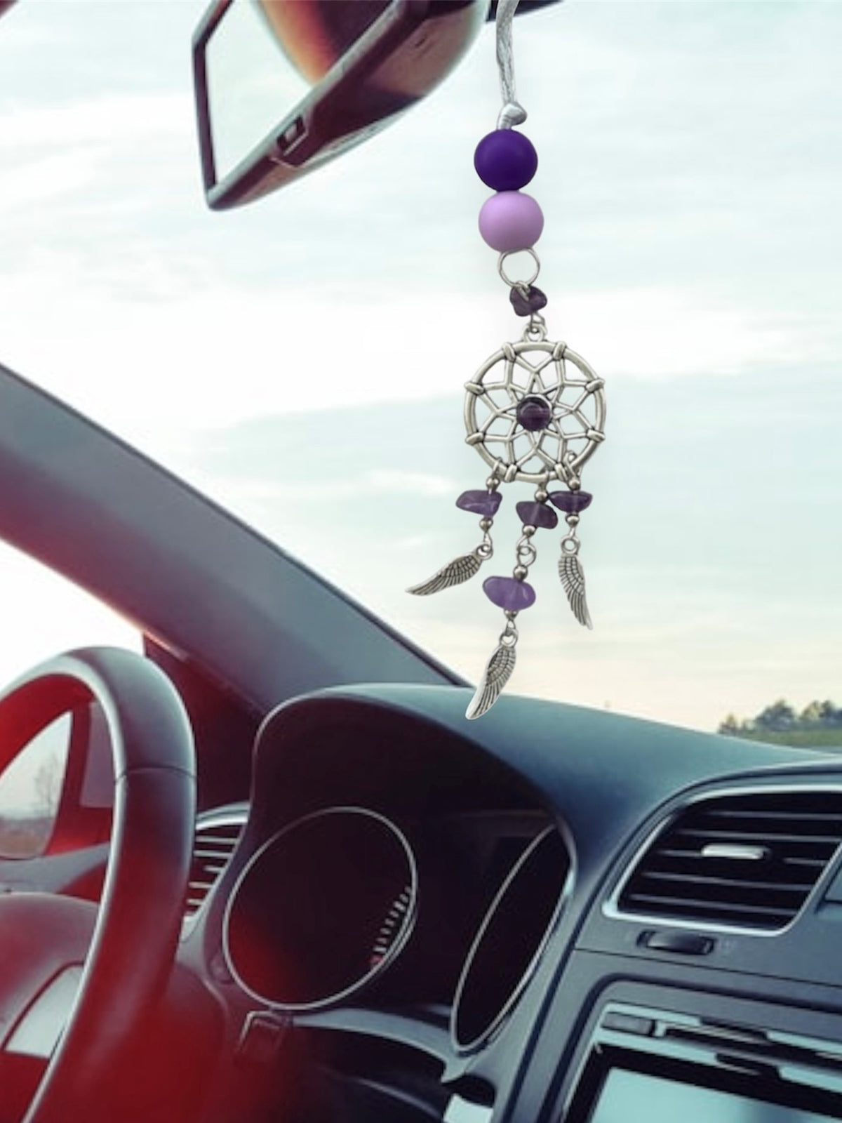 Silicone Bead Dreamcatcher Car Auto Vehicle Rearview Mirror Hanger Purple Amethyst