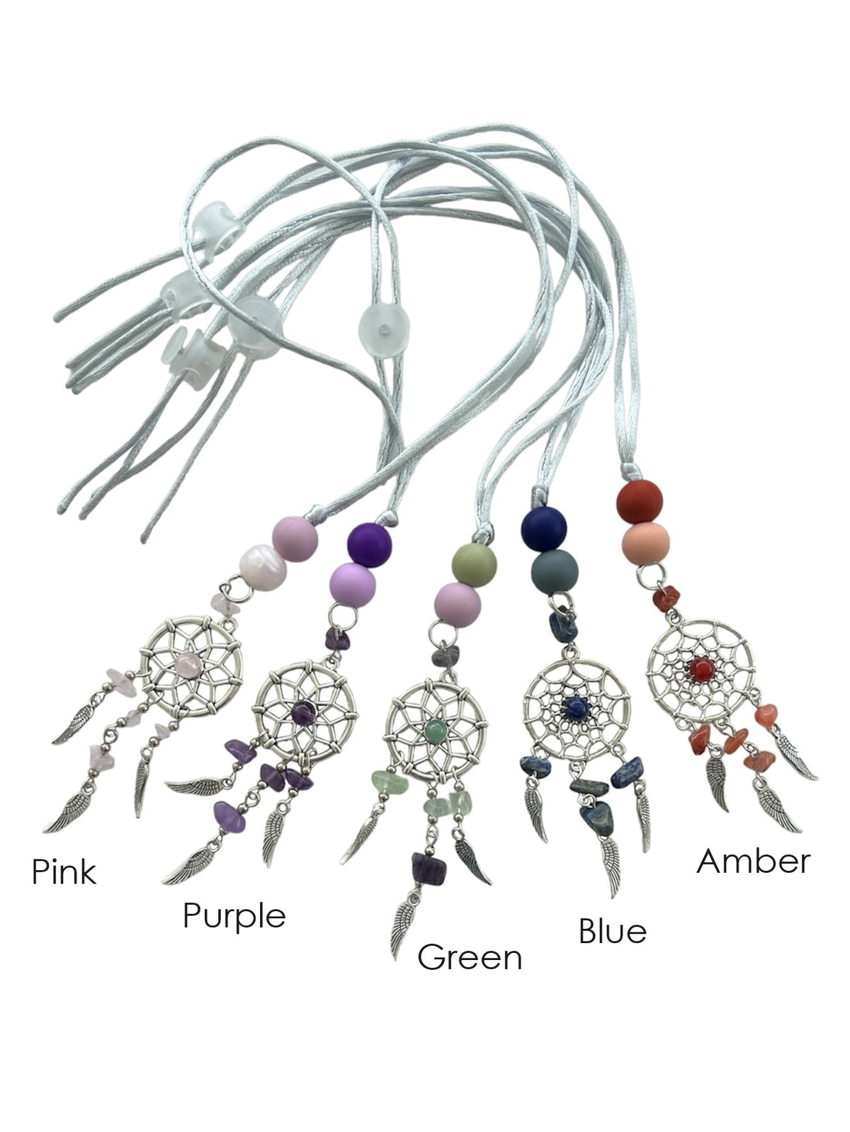 Dreamcatcher Rearview Mirror Hanger in 5 color options: Pink Rose Quartz, Purple Amethyst, Green Emerald Topaz Blue Lapis Lazuli, Amber Red Jasper Red Tiger's Eye, Carnelian, Green Adventurine, Malachite, Blue Sodalite, Green Moss Agate