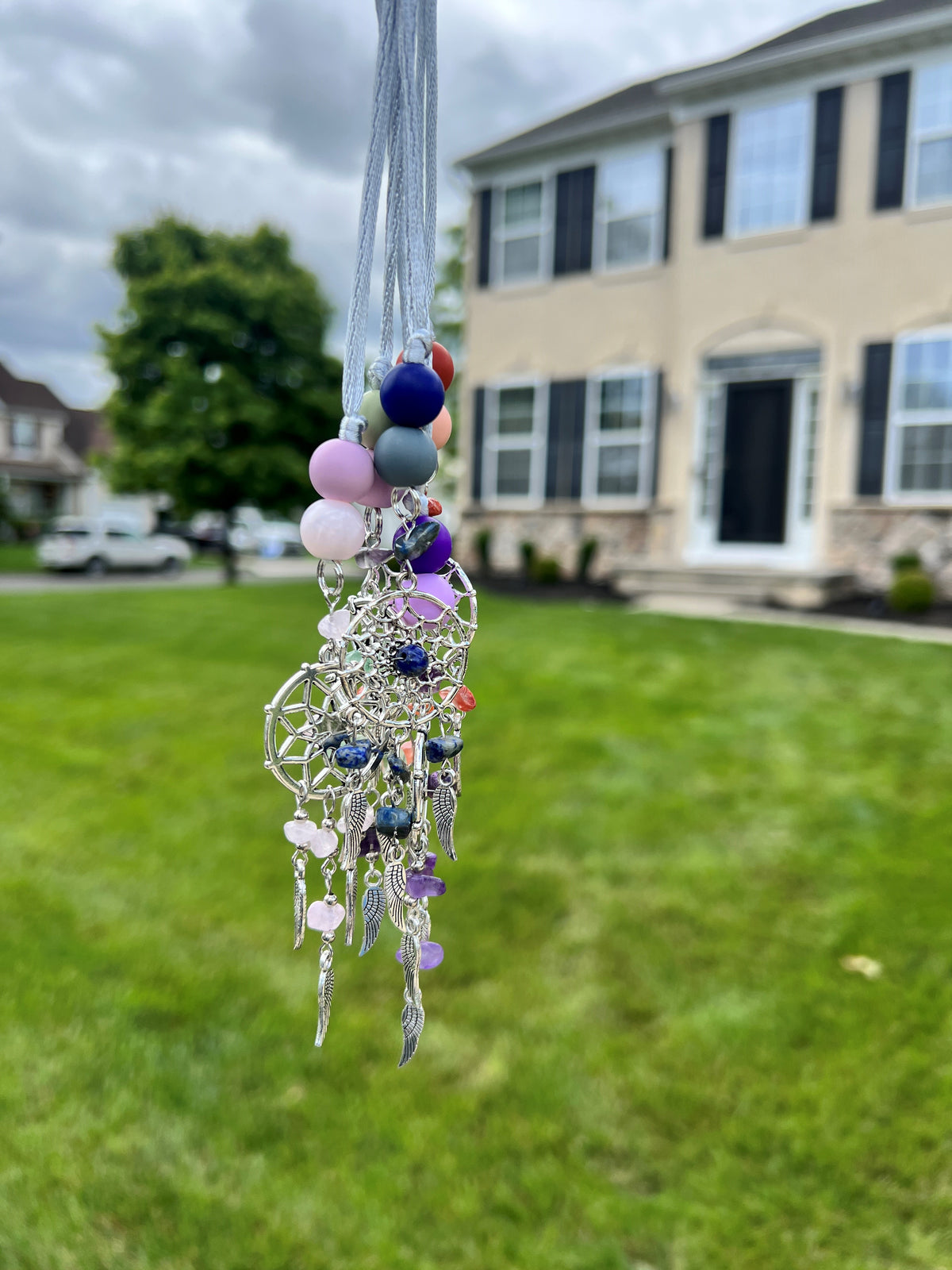 Dreamcatcher Rearview Mirror Hanger in 5 color options: Pink Rose Quartz, Purple Amethyst, Green Emerald Topaz Blue Lapis Lazuli, Amber Red Jasper Red Tiger's Eye, Carnelian, Green Adventurine, Malachite, Blue Sodalite, Green Moss Agate