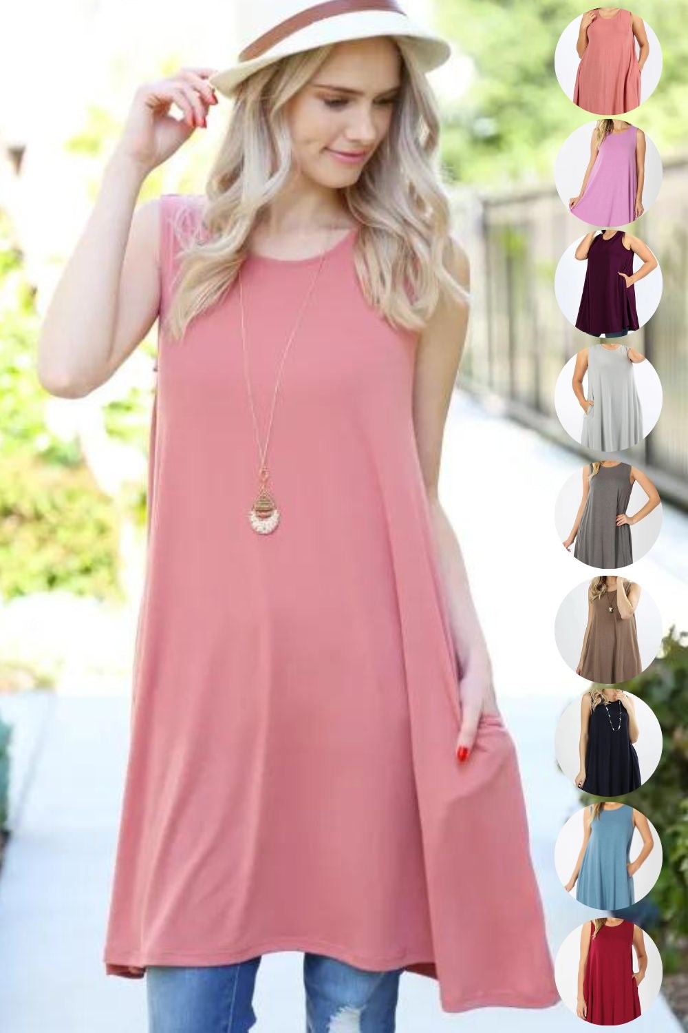 Woman modeling the Cinderella Scoop Neck Tunic Tank with Pockets available in 9 colors in sizes to fit every woman Small to 3XL. Can be worn as a Dress or as a Tunic Top Shirt. 
