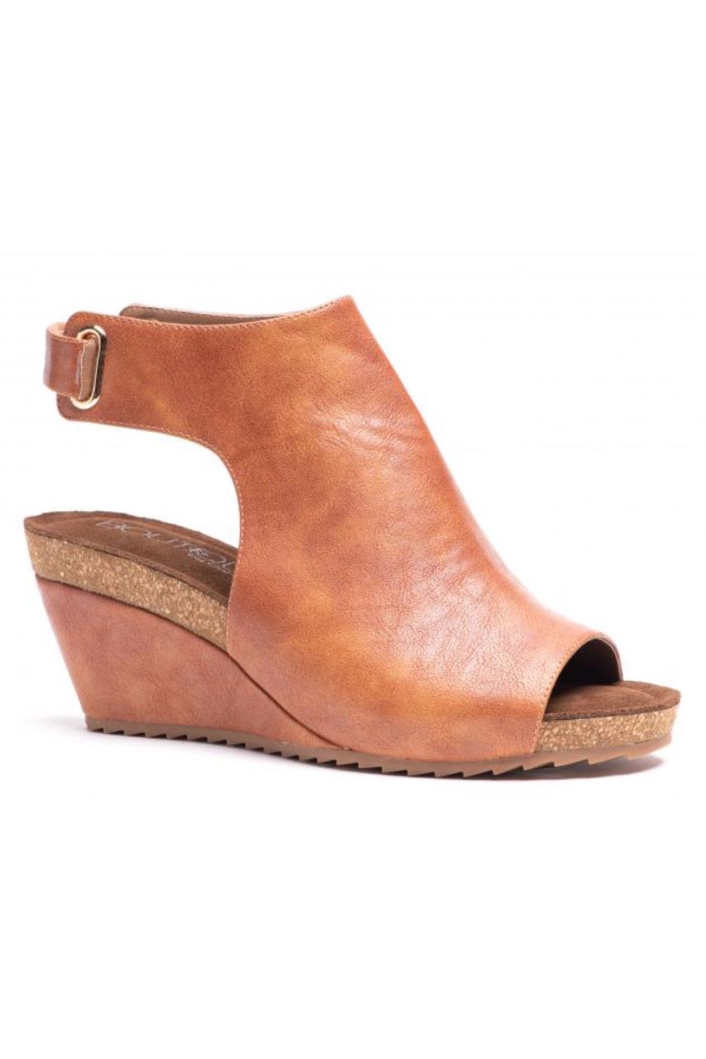 Brown Cognac Wedge Heel Sandal Shoe with Velcro Strap, Peep Toe, and Comfort Sole.