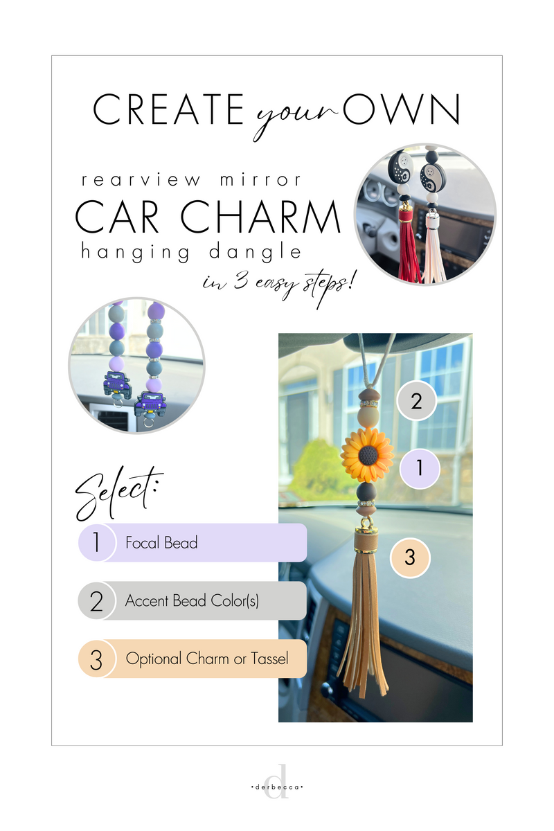 Create Your Own Rearview Mirror Car Charm Hanging Dangle Freshie Holder with Silicone Focal and Accent Beads 12mm & 15mm rhinestone spacers tassels charms adjustable cord lock slider vegan faux leather & suede tassels silver & gold jewelry charms