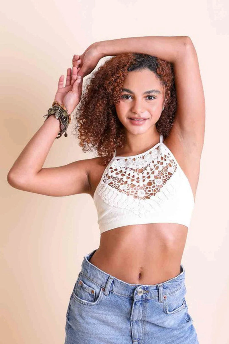 Crochet Lace High Neck Bralette with a boho bohemian vibe and criss cross x back feature. incredibly soft fabric and superior stretch. Available in 2 colors: black or ivory cream white