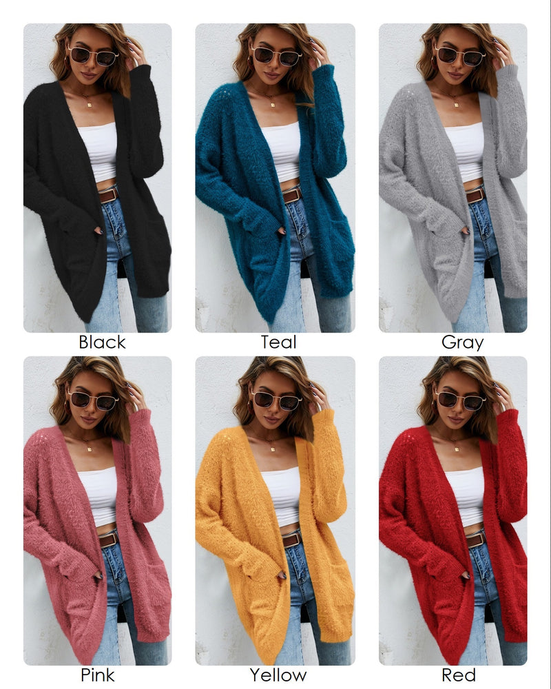 Fuzzy Cardigan with Pockets Super Soft Stretchy, Dropped Shoulders, ultra soft & stretchy knit acrylic/polyamide | teal , yellow, black, pink, grey gray, red