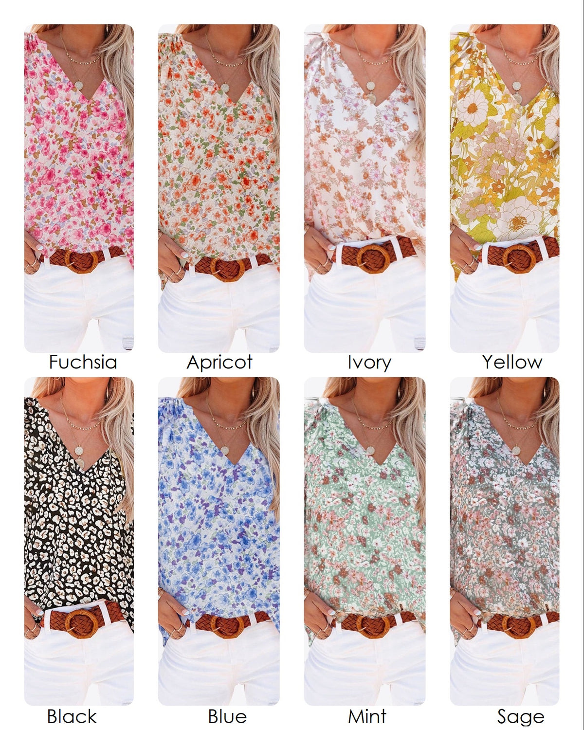 Felicity Floral Flutter Sleeve Blouse V-Neck Womens Feminine Top Short Sleeve Flower Print Floral Pattern in 8 colors: Black, Blue, Mint Green, Sage Green, Fuchsia Hot Pink, Apricot Orange Cream, Ivory Cream Light Beige Tan, and Yellow Mustard 