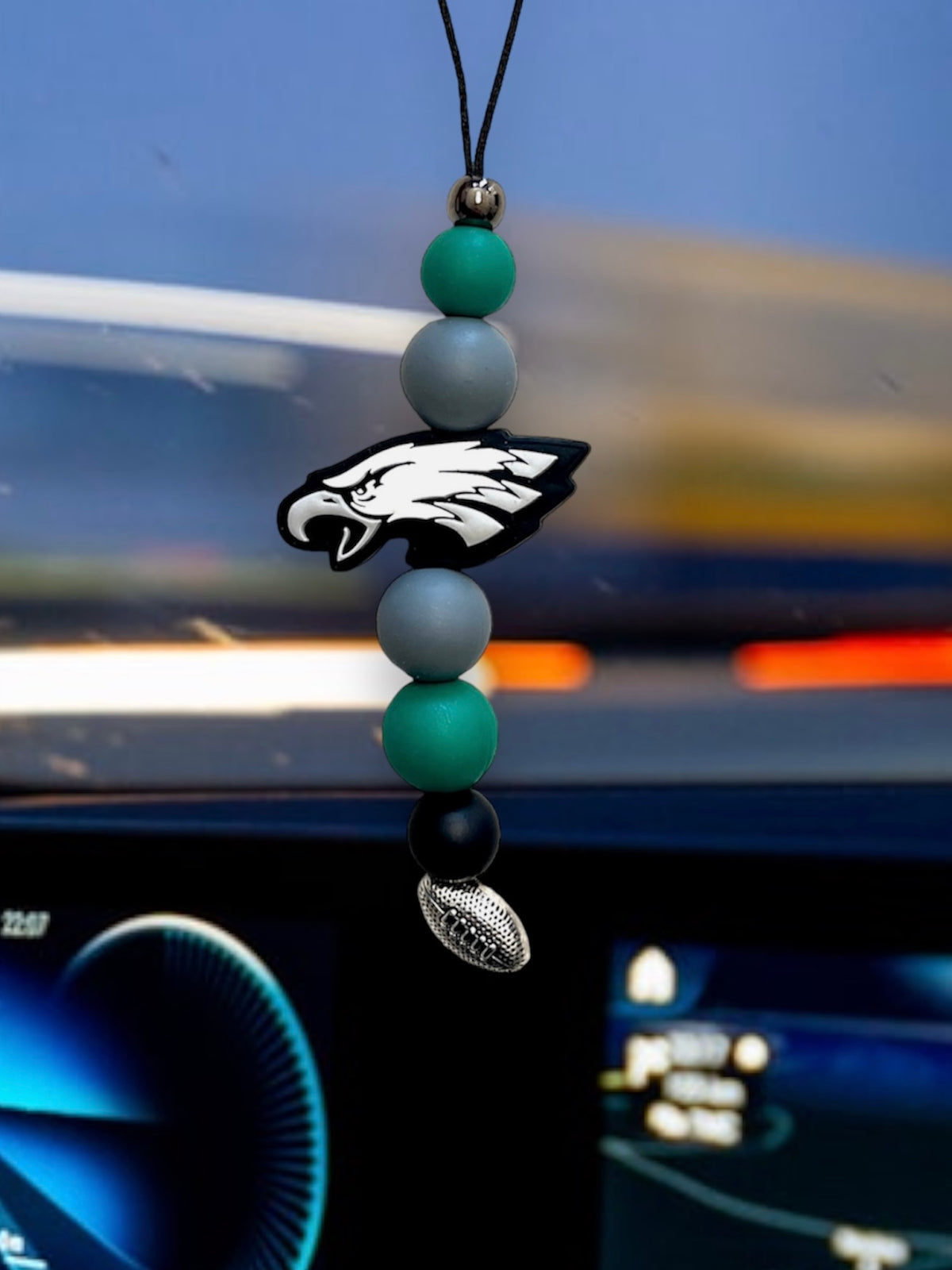 Philly Philadelphia Eagles Rearview Mirror Car Charm with green, grey, and black silicone beads and football dangle charm