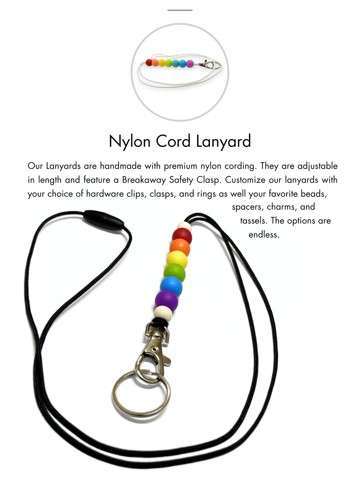 Nylon Cord Lanyard with Premium 2mm Soft Satin Cord and adjustable length with breakaway clasp
