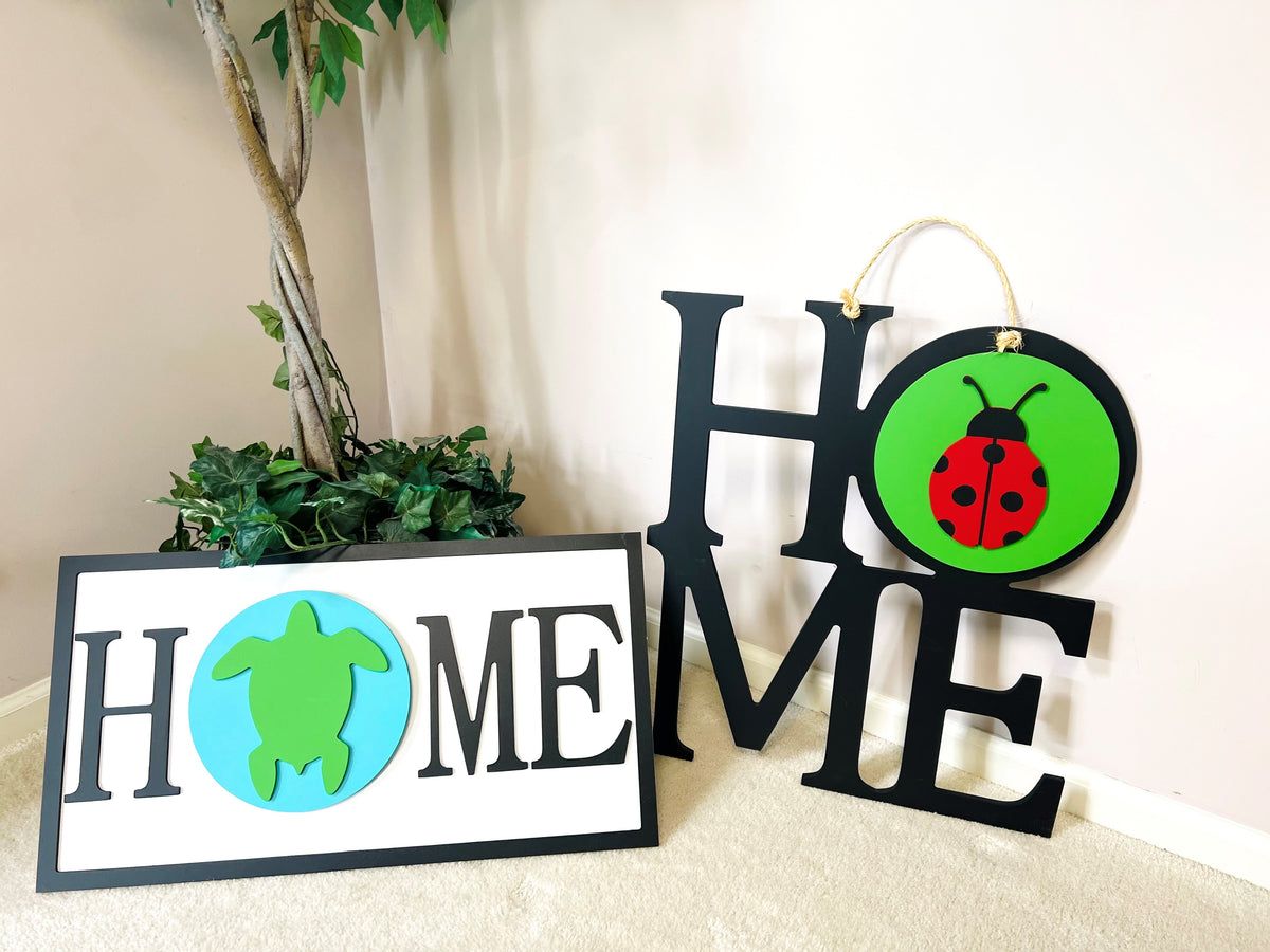 Interchangeable Home Sign Wall Hanging Decor Door Hanger Decoration HOME Turtle Ladybug Lady Bug Sea Turtle Interior and Exterior Home Style Country Colonial Homes