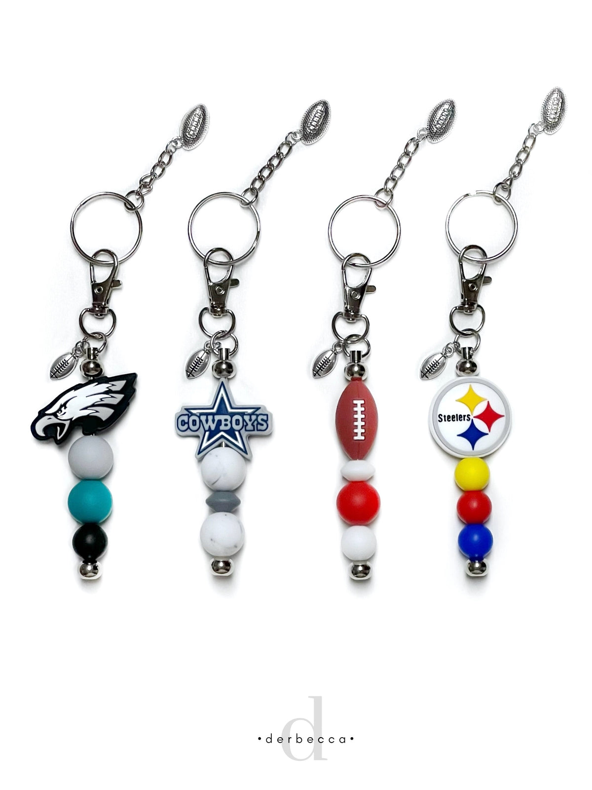 Sports Team Accessories, Keychains, Keyrings, Charms, Zipper Pulls, Clasps for 3D football, Eagles, Steelers, and Cowboys sports teams