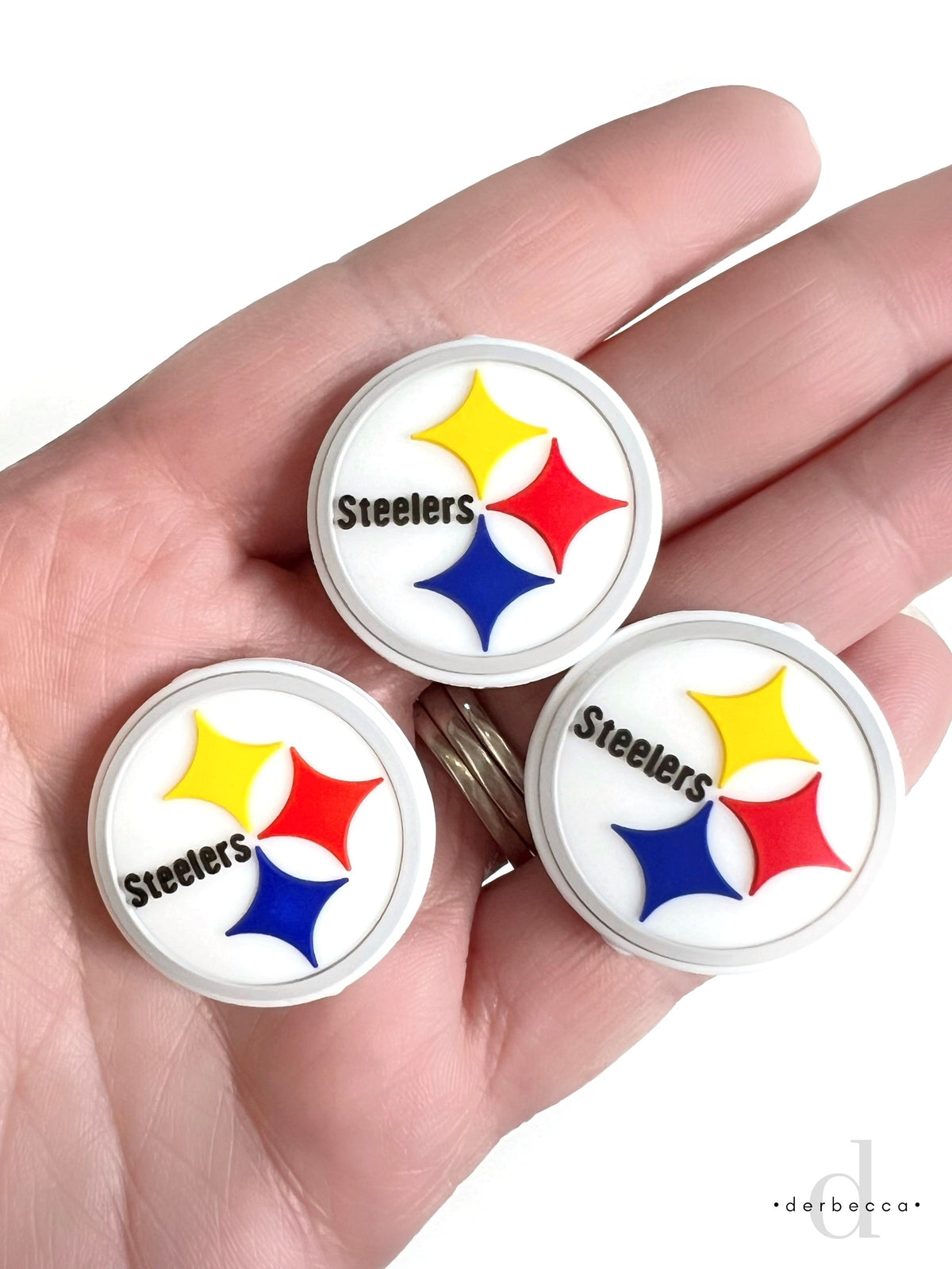 Pittsburgh Steelers Silicone Focal Bead in team colors red, yellow, blue, white and grey