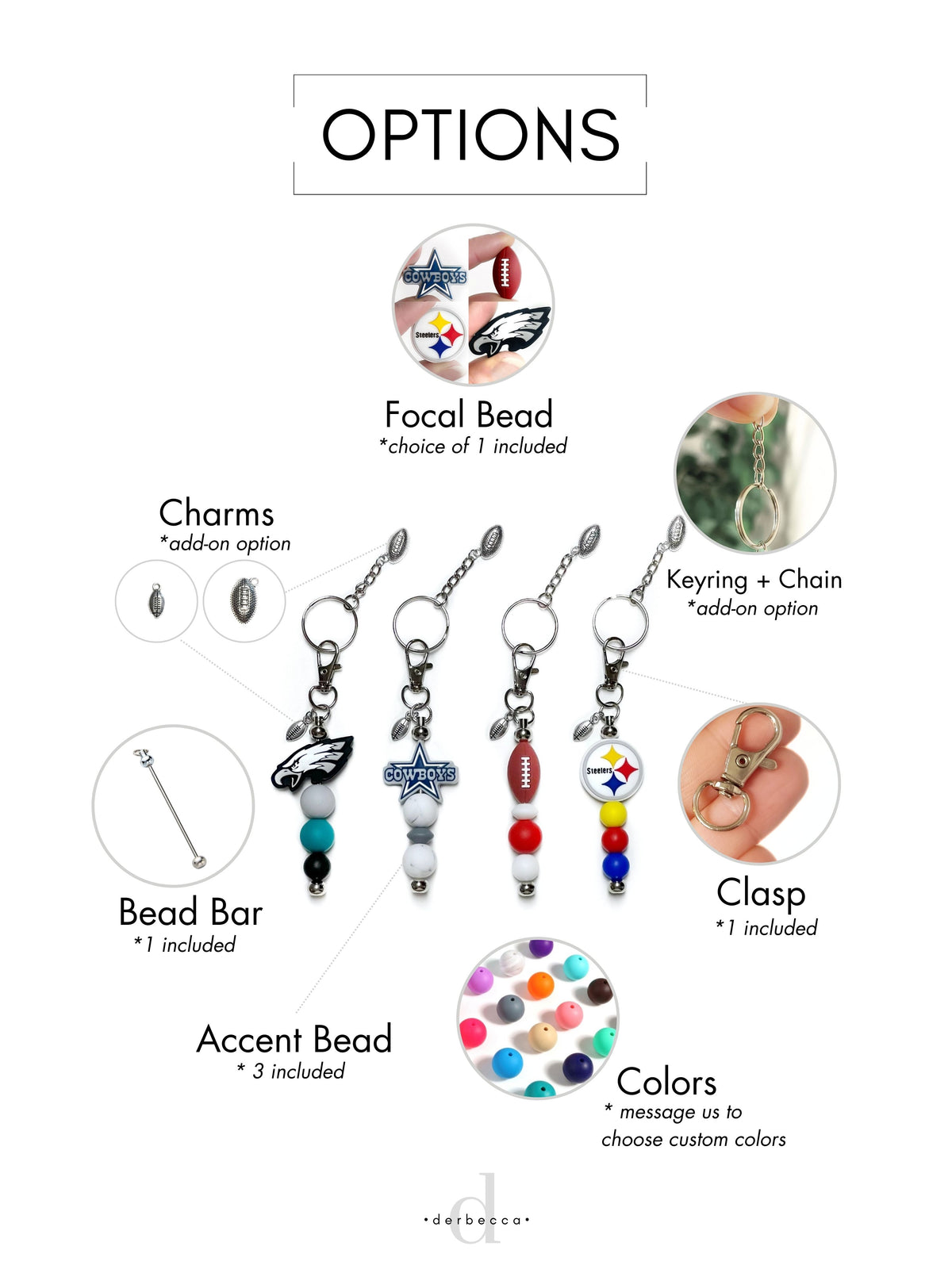 Create Your Own Personalized Custom Keychain Keyring Charm Accessory Clip On Sports Fan Football Eagles Steelers Cowboys including Beadable Bar Bead Bar and your choice of team colors in the silicone beads