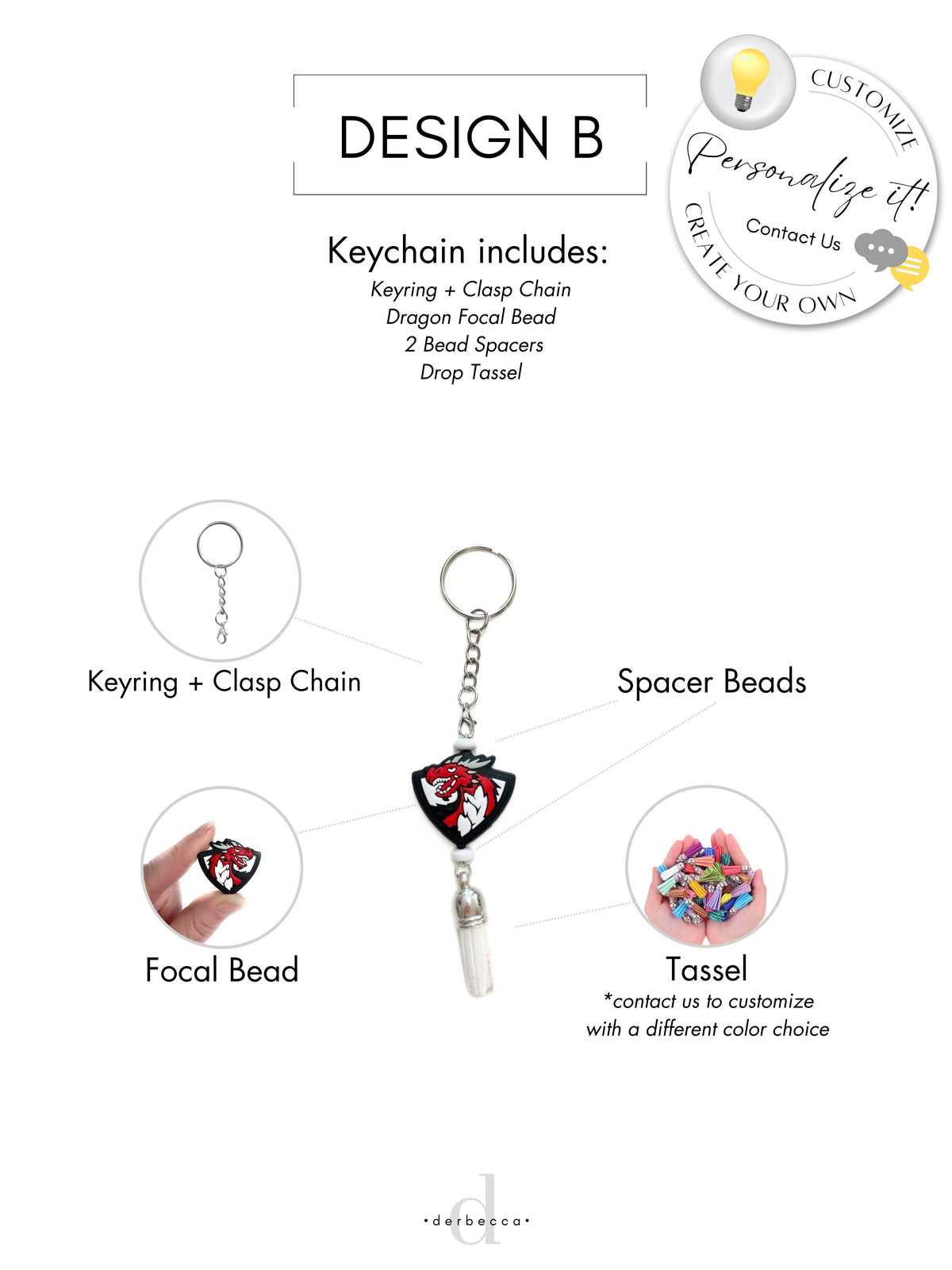 Split Ring 1" Keychain with Keyring + Clasp Chain Dragon Focal Bead  2 Bead Spacers Drop Tassel