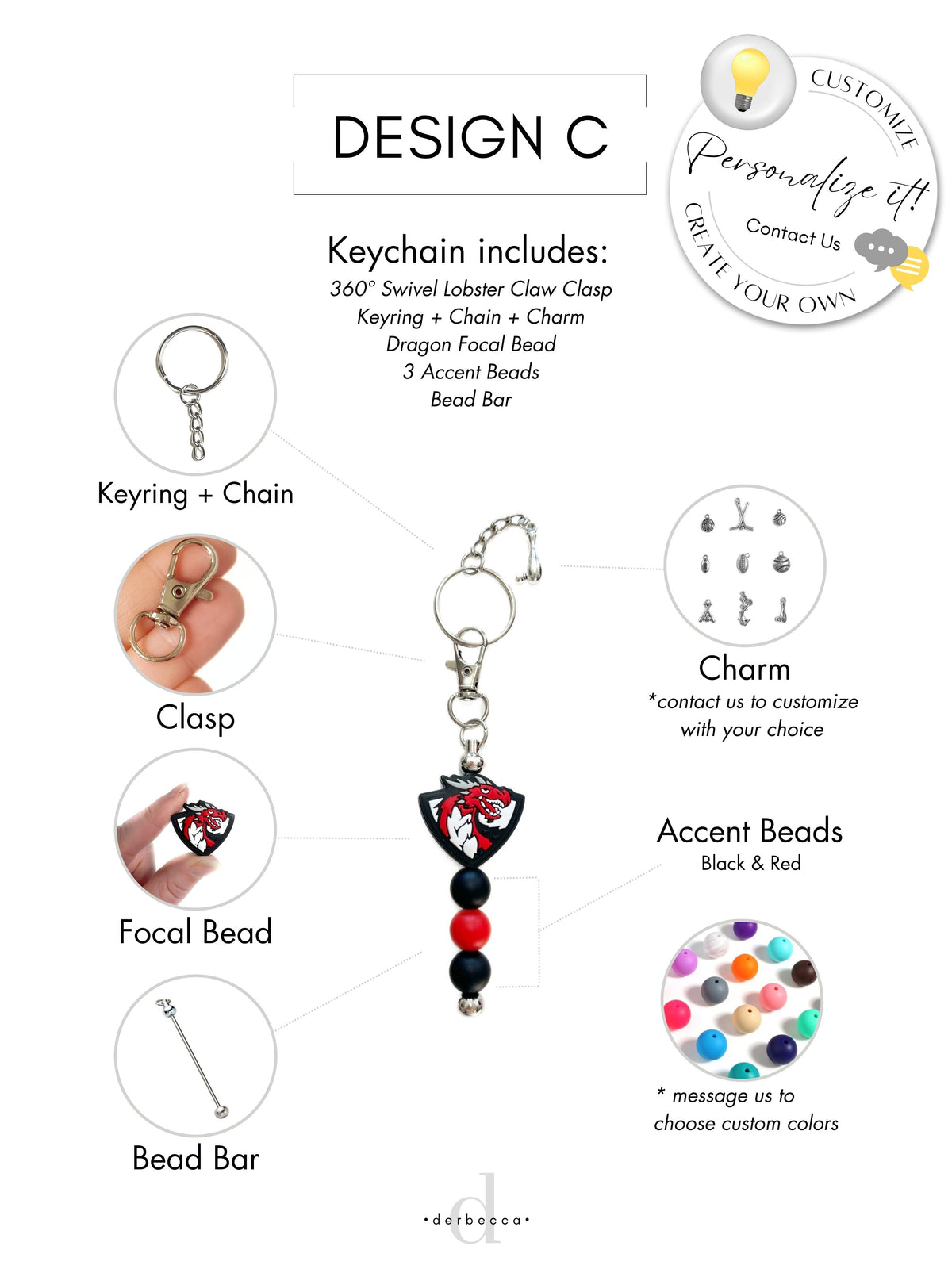 Red Dragon Keychain Accessory Purse Charm Bag Charm with 360° Swivel Lobster Claw Clasp Keyring + Chain + Charm Dragon Focal Bead 3 Accent Beads Bead Bar