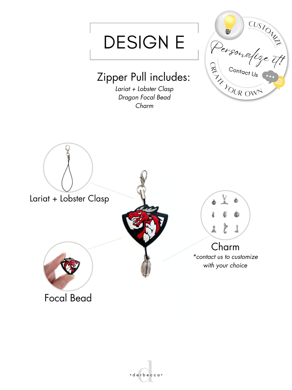 Zipper Pull with Lariat + Lobster Clasp Dragon Focal Bead Charm Football Charm Cell Phone Lasso