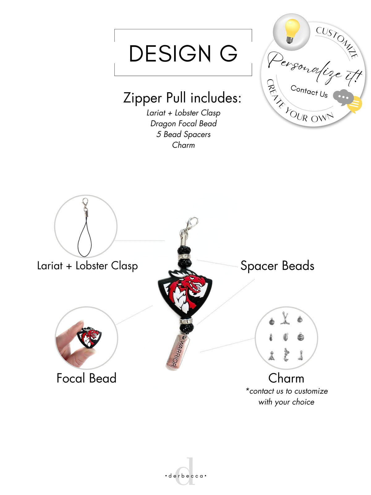 Zipper Pull with Lariat + Lobster Clasp Dragon Focal Bead 5 Bead Spacers Warrior Charm