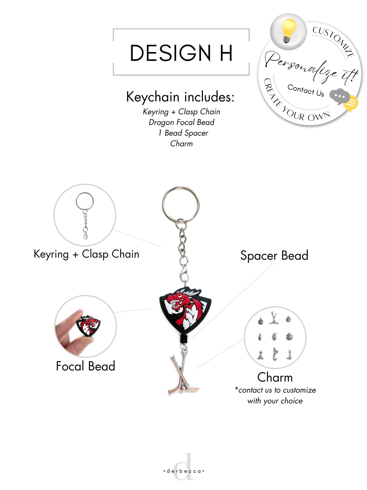 Keychain with Keyring + Clasp Chain Dragon Focal Bead  1 Bead Spacer Hockey Charm Silicone Accessory