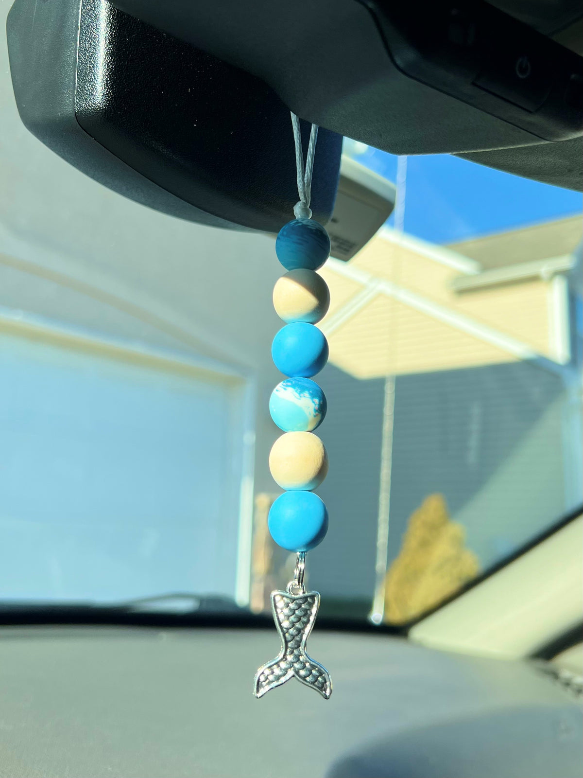 Summertime Beach Theme Rearview Mirror Dangle with Ocean Print and Wood Beads and Mermaid Tail Charm and Nylon Cord and Breakaway Safety Clasp Hook Latch