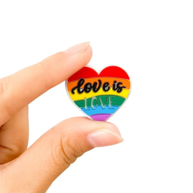 Love is Love Rainbow Heart Gay Pride Autism Support & Awareness Silicone Bead with rubber squishy soft texture used for accessory making DIY projects like keychains, bracelets, dangles, lanyards, wine bottle stoppers, pens, etc.