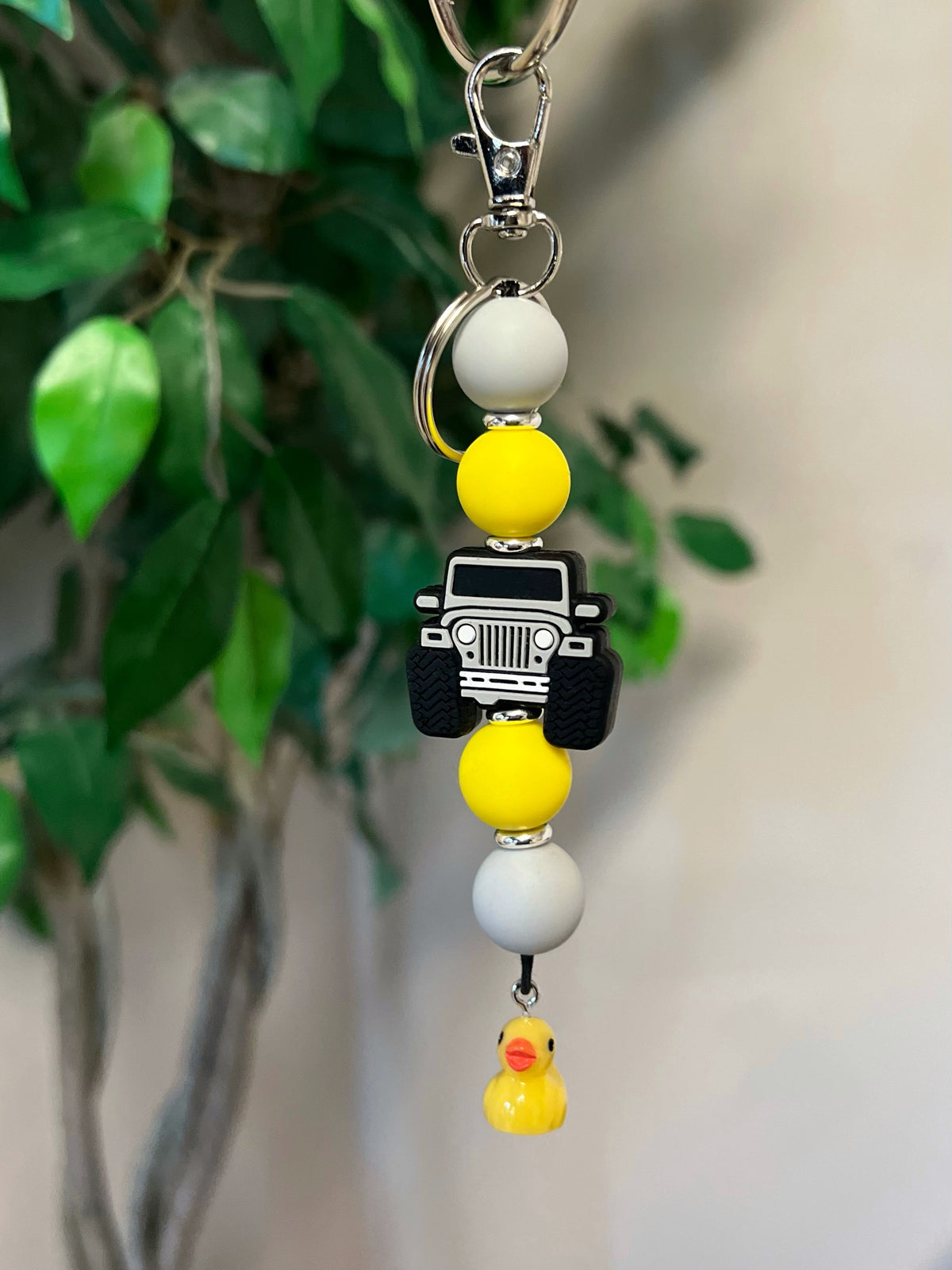 Silicone Jeep Rubber Duck Keychain Keyring with 4x4 Jeep Adventure Silicone Focal Bead, food-grade silicone, round silicone accent beads in yellow and grey, lobster claw clasp, quick release swivel hook, split keyring. 