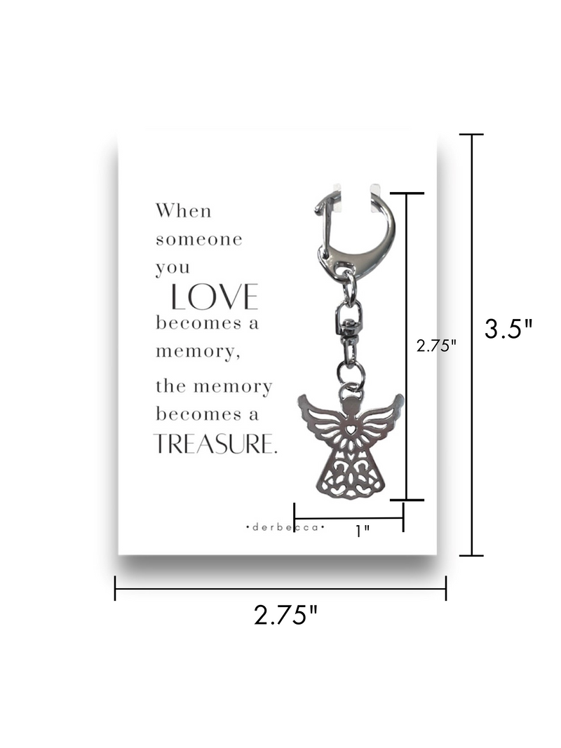 Measurements for Angel Memory Mini Keychain Bag Charm Pendant for Sympathy, Loss, Passing Death of a Loved One with message/poem/verse that reads: When someone you LOVE becomes a memory, the memory becomes a TREASURE. Condolence Gift