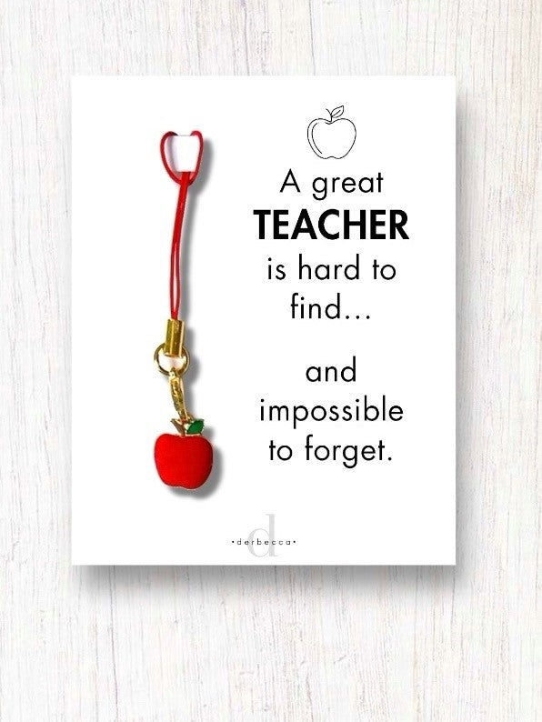 Teacher Gift Apple Charm, Mini Keychain, Zipper Pull with Poem Saying Card included: A great TEACHER is hard to find and impossible to forget.