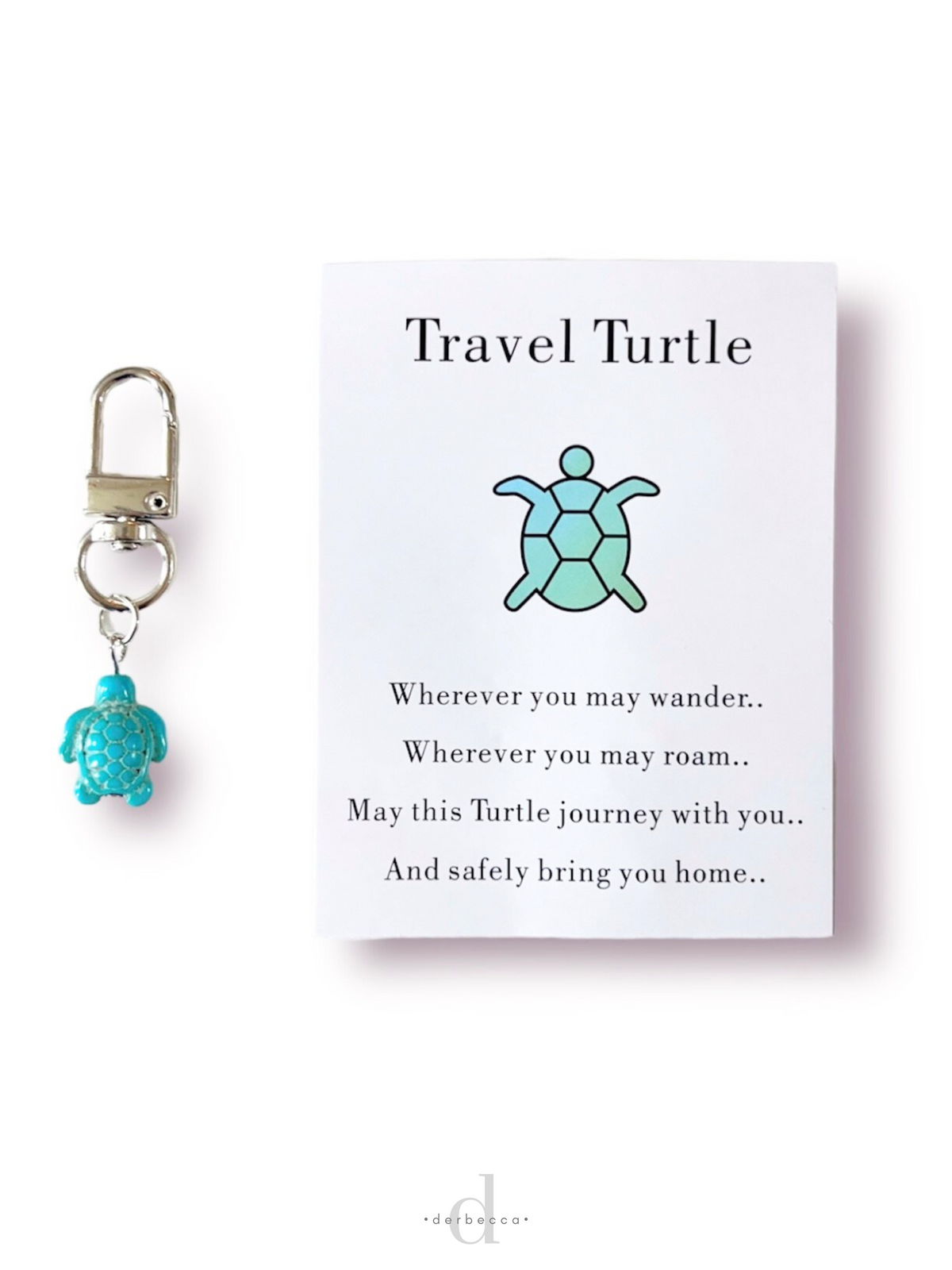 Travel Turtle Mini Keychain Bag Charm Zipper Pull Clip Charm Turquoise Turtle with Poem Saying Card included: Wherever you may wander.. Wherever you may roam.. May this Turtle journey with you.. And safely bring you home.