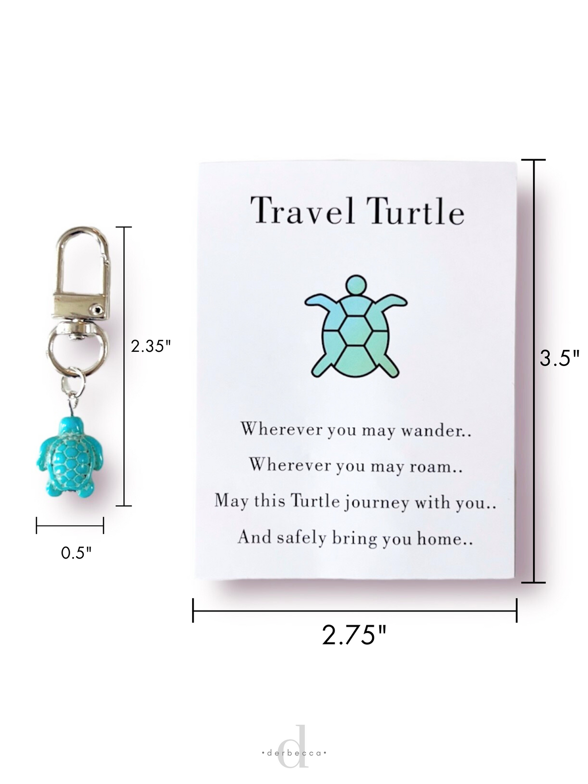 Travel Turtle Mini Keychain Bag Charm Zipper Pull Clip Charm Turquoise Turtle with Poem Saying Card included
