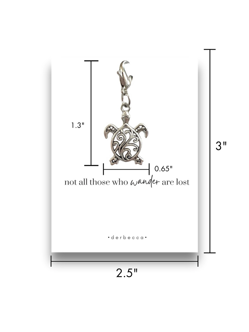 Measurements/Dimensions for Scroll Sea Turtle Pendant Charm with Lobster Claw Clasp and Pem/Saying Verse card that reads "not all those who wander are lost"