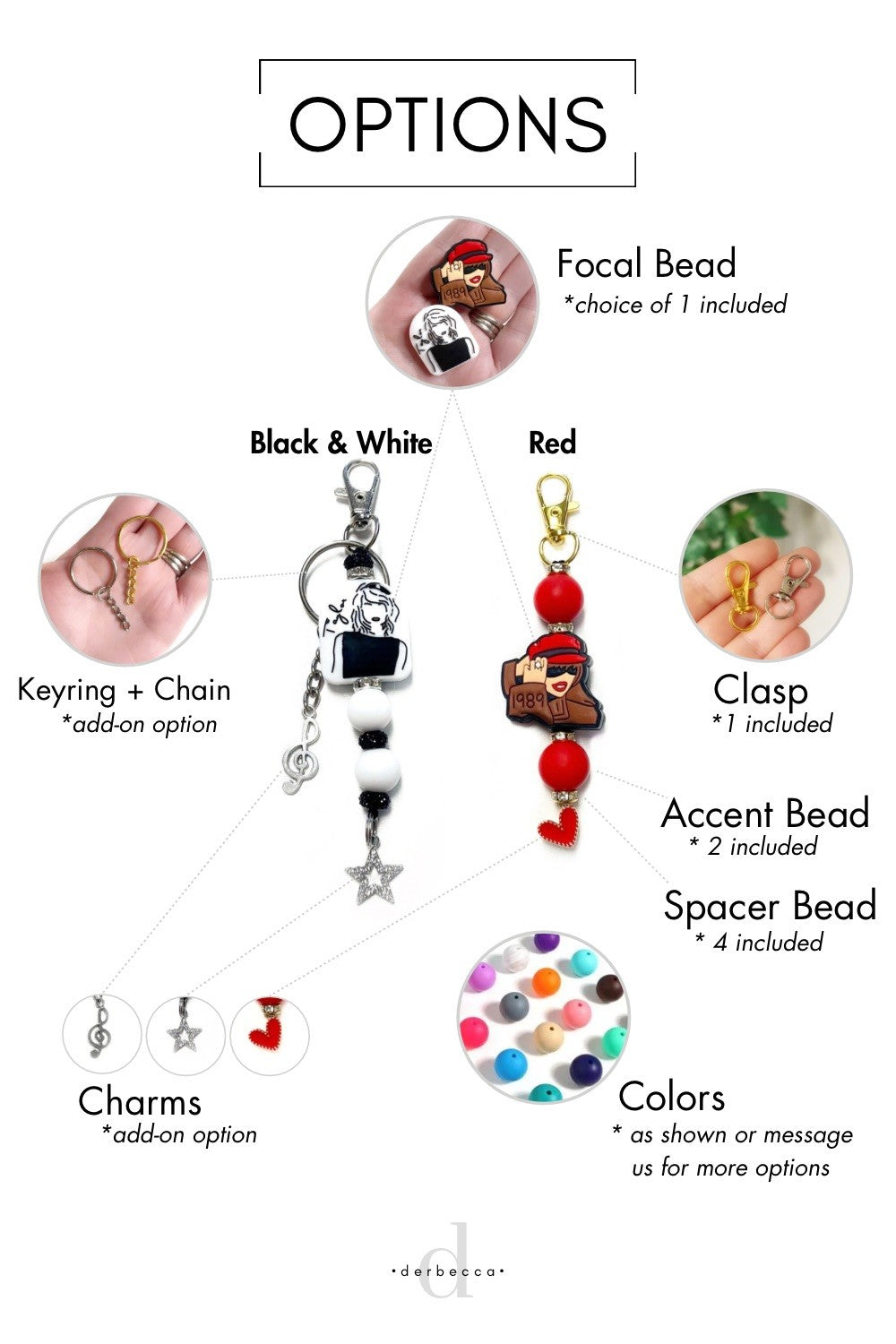 Options to Personalize or Customize Keychain Accessory Colors Hardware Swivel Hook Keyring Chain Charm Tassel Focal Bead Silicone