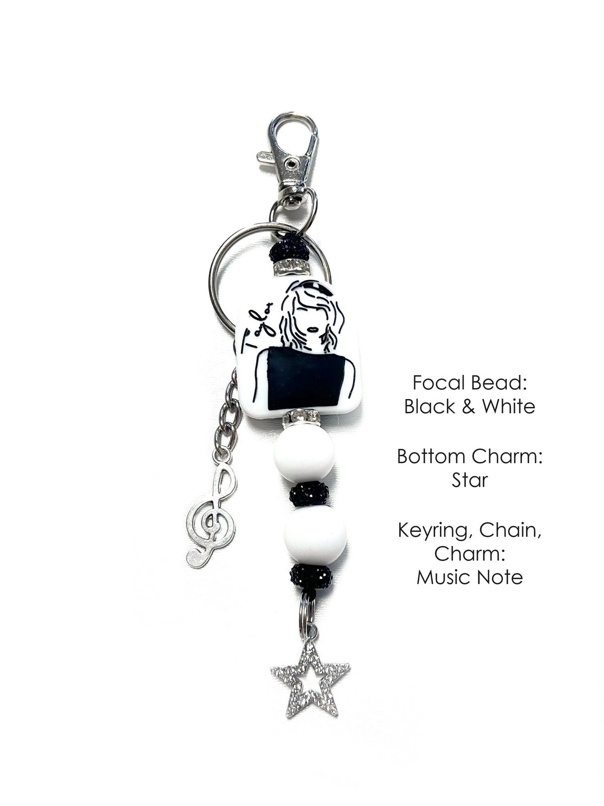 Taylor Swift Keychain Keyring Options Swiftie Lobster Claw Clasp, Split Keyring, Charm, Spacer Bead, Accent Bead, Dangle Charm, Hooks and Clasps, and Colors