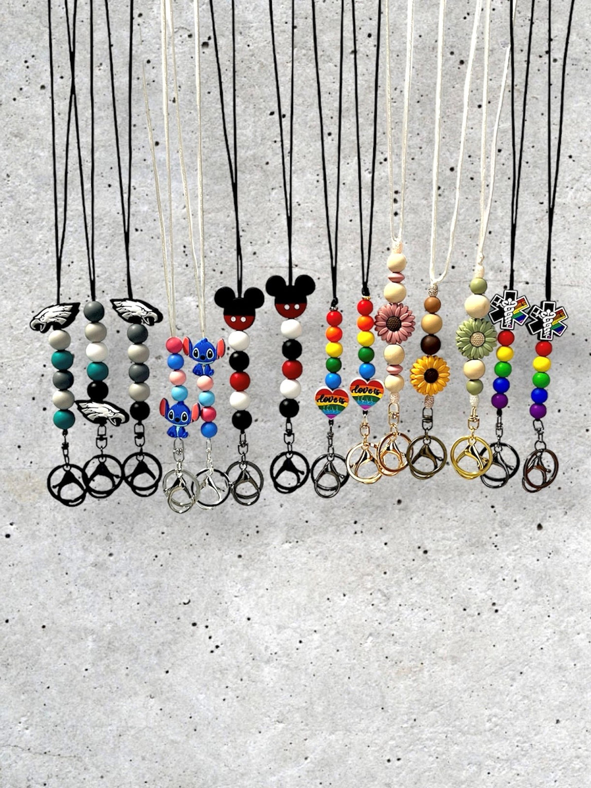 Handmade Silicone Bead Lanyards: Eagles Football, Sports, Stitch, Disney, Mickey mouse, Minnie Mouse, Love is Love, Pride, LGBTQ, Rainbow, Gay Pride, Awareness & Inclusion, Daisy, Sunflower, EMT, EMS, Star of Life, Emergency Personnel, Medic, Medical, Emergency Responder Lanyard
