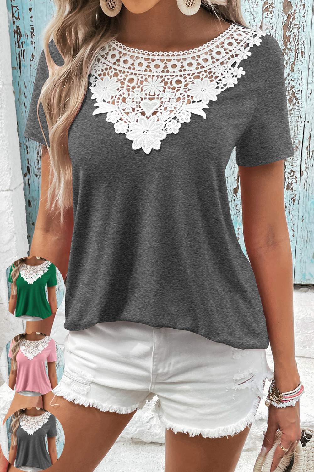 Womens Misses Larissa Lace Top in Pink, Gray Grey, and Green. Short Sleeve Very Stretchy Polyester Spandex Fabric Blend Full Length Lace Bib Chest area