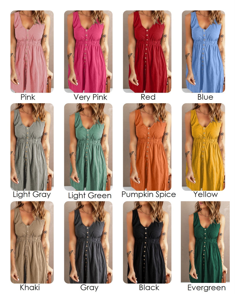 Womens Juniors Misses Magic Tank Dress V-Neckline Sleeveless Casual T-Shirt Dress Functional Buttons Button-Up Button-Down, Side slit, Elastic Comfort Stretch Waist, Pockets, a-line, stretchy fabric material, casual daytime dress, beach dress, sundress, cotton like dress, solid colors, pattern prints, sizes Small, Medium, Large, XL, 2XL