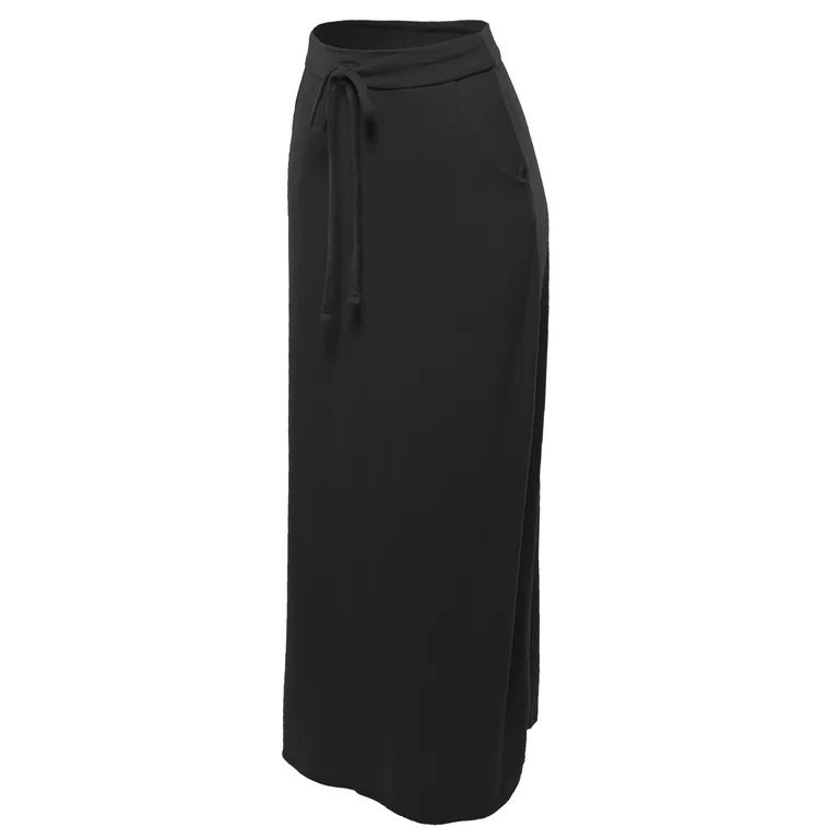 side angled view product photo of a solid black maxi skirt with pockets and an adjustable drawstring waist tie