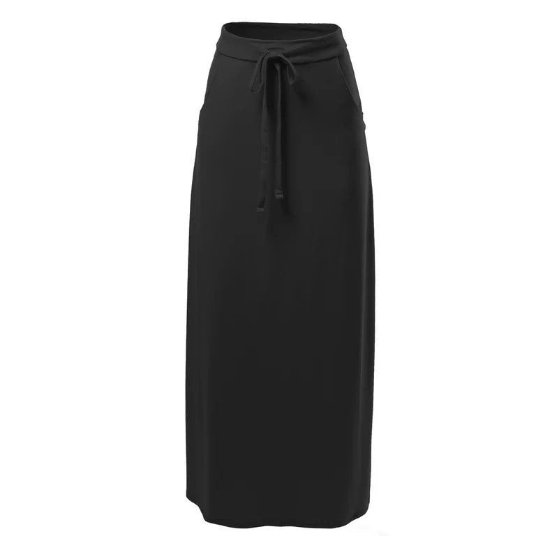 front view product photo of a solid black maxi skirt with pockets and an adjustable drawstring waist tie