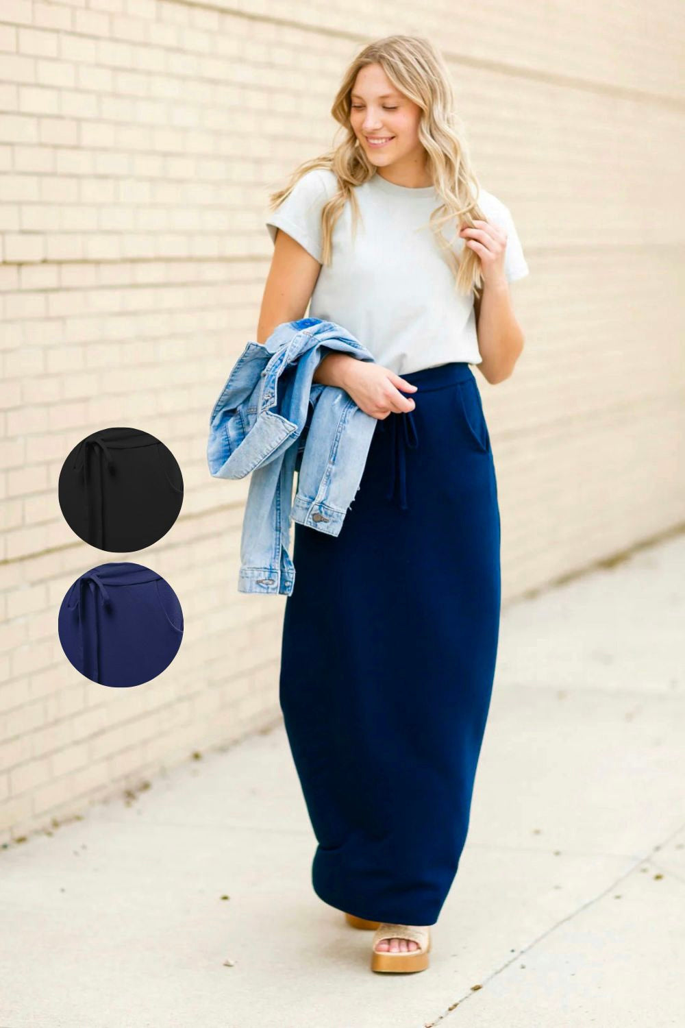 Womens Apparel Clothing maxi skirt full length available in solid black or solid navy blue all sizes Small Medium Large XL 1XL 2XL 3XL Zenana Brand