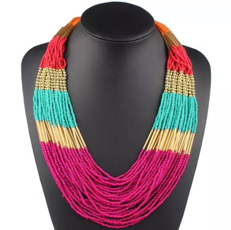 African Bead Maasai Necklace Kendi Amani Handcrafted Full String Beads Bib Necklace African American Heritage Black History Gold Bronze Copper Green Teal Mint Pink Orange Red Grey Silver Brown 