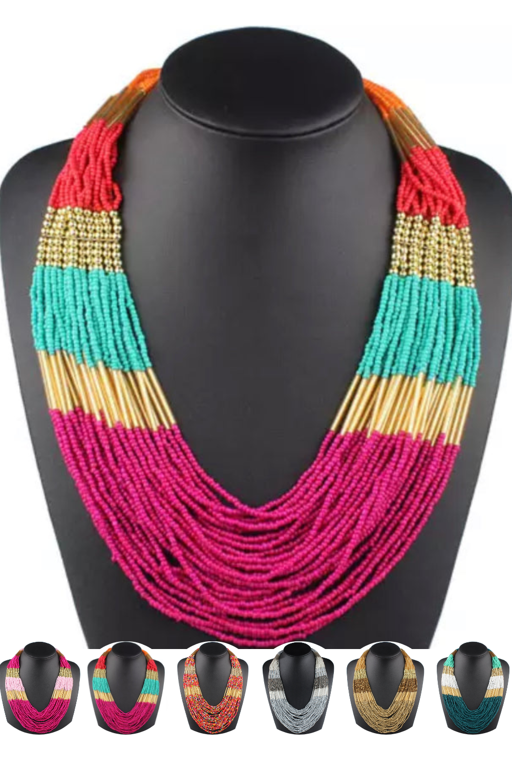 African Bead Maasai Necklace Kendi Amani Handcrafted Full String Beads Bib Necklace African American Heritage Black History Gold Bronze Copper Green Teal Mint Pink Orange Red Grey Silver Brown 