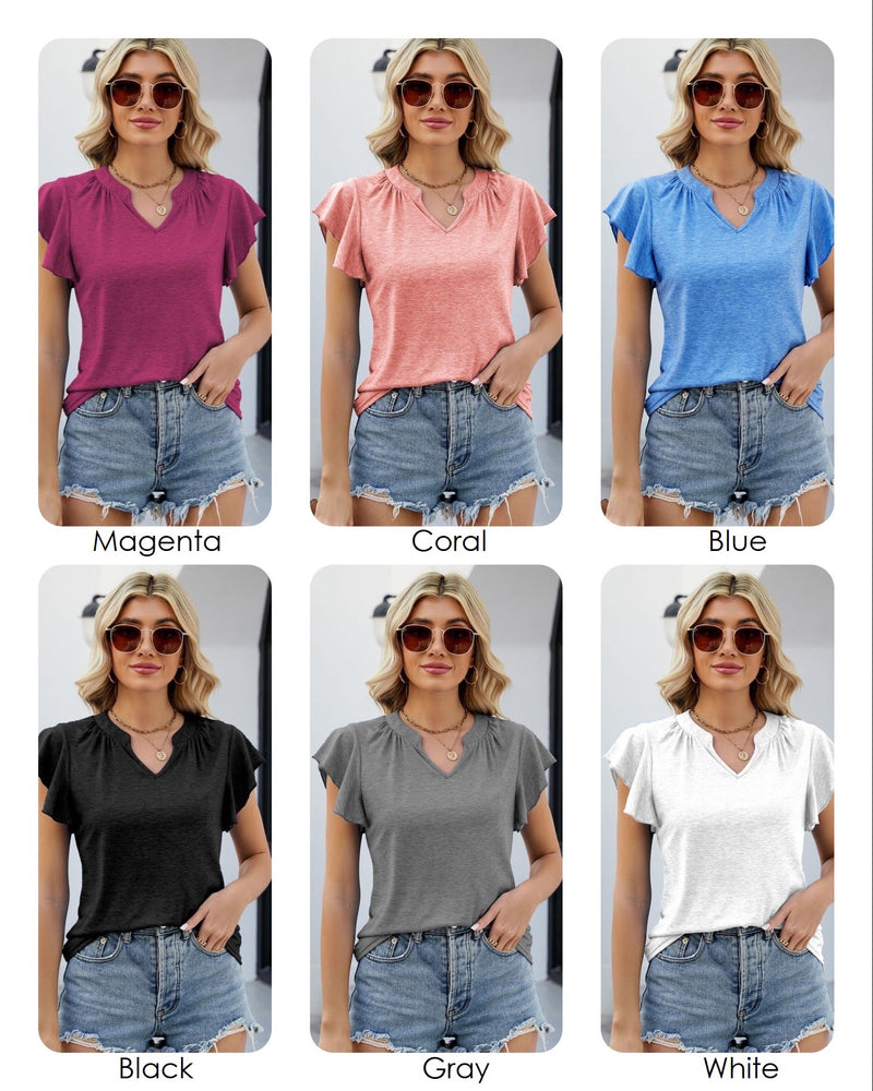 Womens Casual Top | Nancy Notched Neck Flutter Sleeve Top | 6 colors | Magenta, Sky Blue, Coral Peach, White, Black, Mid Gray | Butterfly Sleeve | Subtle Heathering | Soft Jersey Fabric 