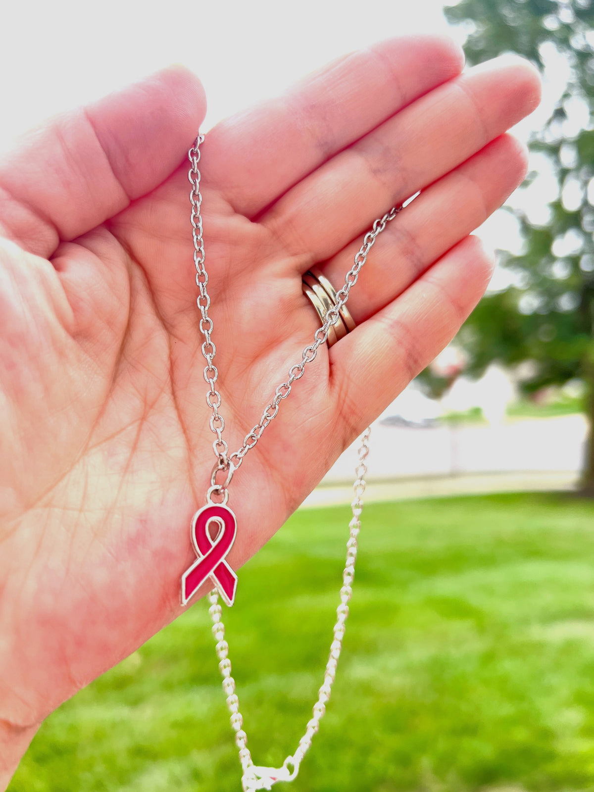 breast cancer awareness pink ribbon charm necklace silver chain lobster claw clasp with 2 inch extender