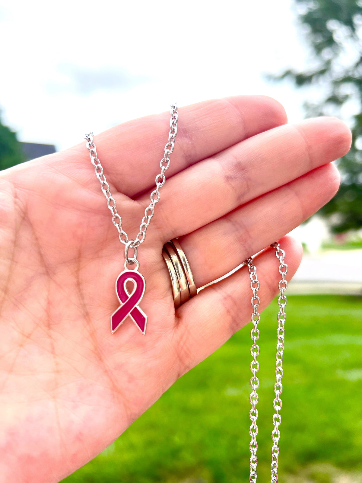 breast cancer awareness pink ribbon charm necklace silver chain lobster claw clasp with 2 inch extender