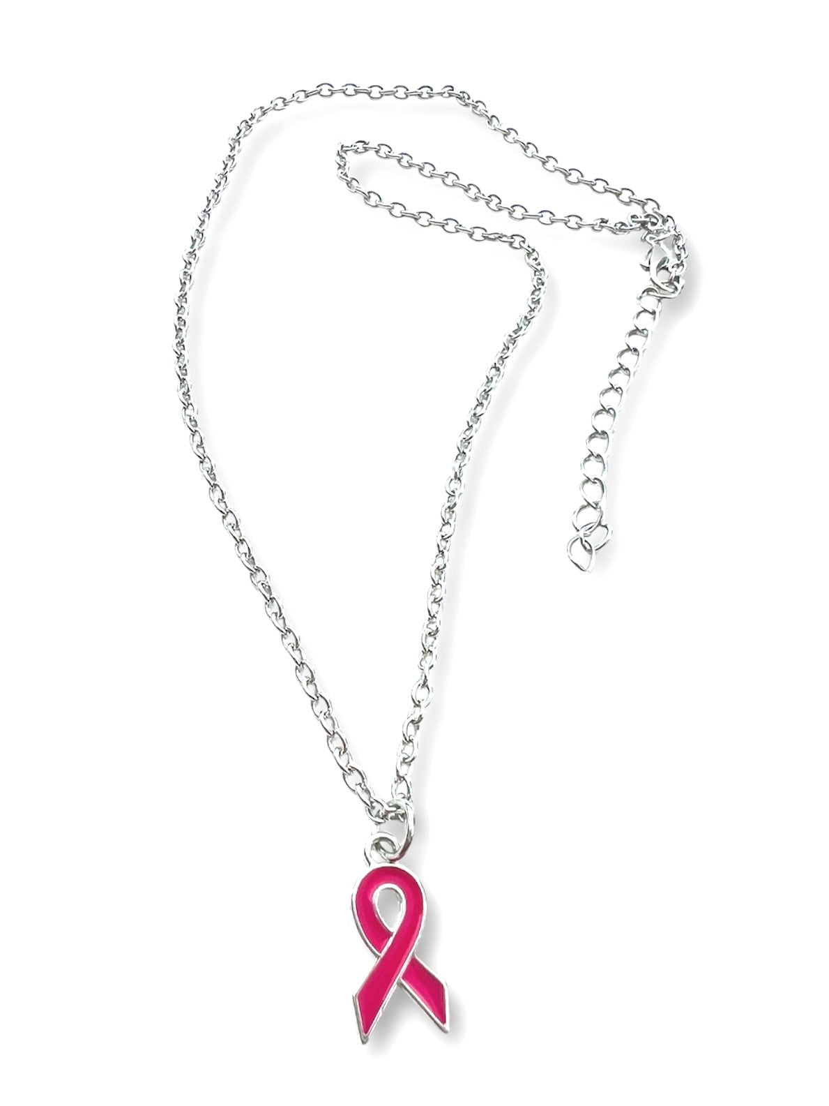 breast cancer awareness pink ribbon charm necklace silver chain lobster claw clasp with 2 inch extender