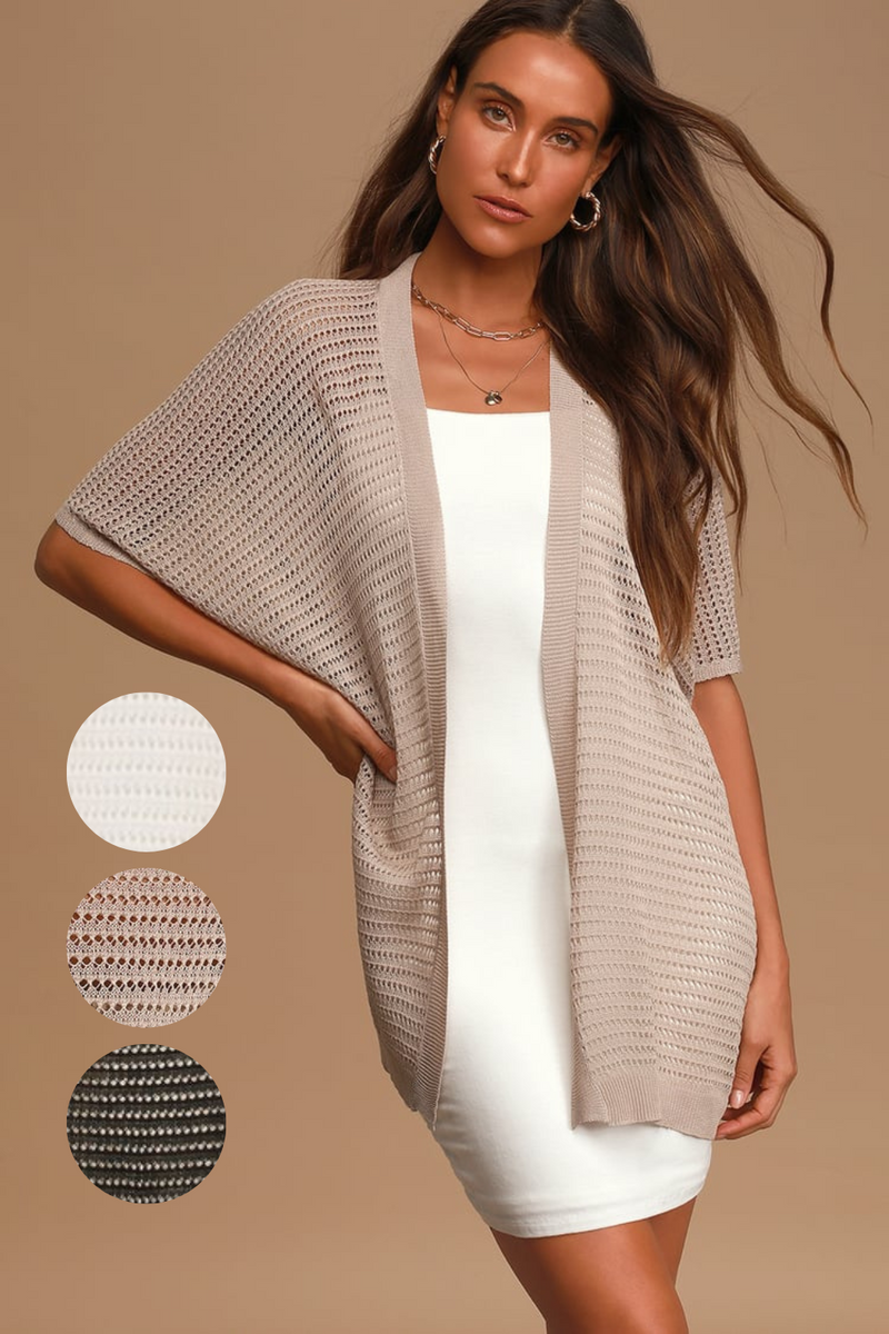 Pointelle Short Sleeve Kimono Cardigan Open Loose Crochet Knit Raglan Sleeve Ribbed Hem Open Front Relaxed/Oversized Fit all sizes S-3XL Regular & PLUS Size in 3 colors: White Off-White Taupe Tan Beige and Black