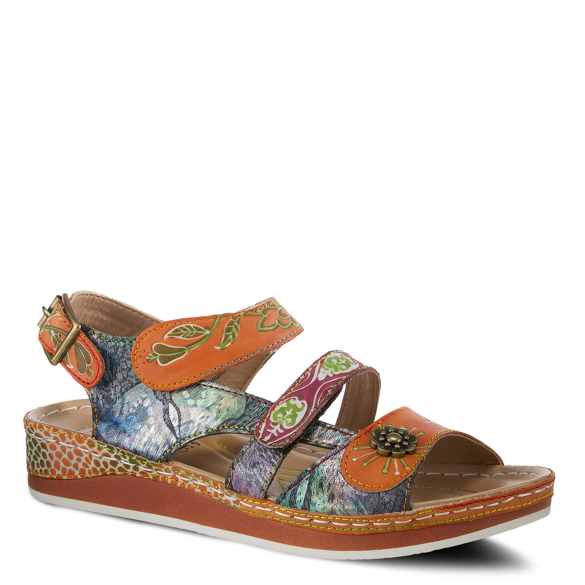 L'Artiste Style: Sumacah Ankle Strap Leather Sandal Shoe SpringStep Shoes Womens Footwear Hand painted, French inspired. unique color blocked floral pattern metal flower button signature rainbow stitching Hook and Loop Velcro straps antiqued gold hardware, floral embossed design, leather pieced wedge. -Hook-and-loop adjustable straps and an adjustable buckled strap at the heel.