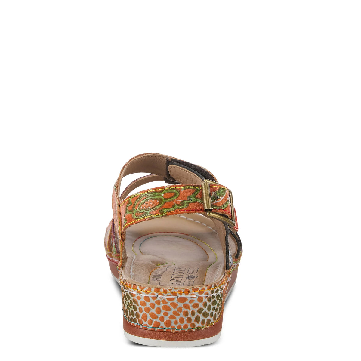 L'Artiste Style: Sumacah Ankle Strap Leather Sandal Shoe SpringStep Shoes Womens Footwear Hand painted, French inspired. unique color blocked floral pattern metal flower button signature rainbow stitching Hook and Loop Velcro straps antiqued gold hardware, floral embossed design, leather pieced wedge. -Hook-and-loop adjustable straps and an adjustable buckled strap at the heel.