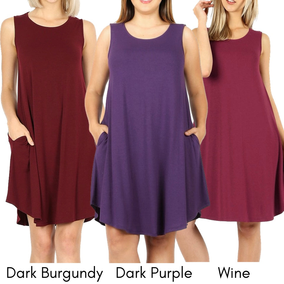 Womens PLUS size Tessie Sleeveless Tank Dress with Pockets 1XL, 2XL, 3XL Rounded Scoop Neckline Swing A-line Relaxed Silhouette. Solid Colors: Dark Purple, Dark Burgundy Maroon, Wine