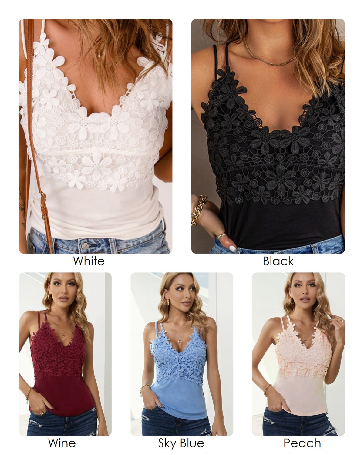 The French Quarter Crochet Lace Cami Top |  double adjustable straps for extra lift and support | dual straps | 5 colors: black, white, red wine, sky blue, peach | brami | camisole | lace | crochet | delicate | feminine